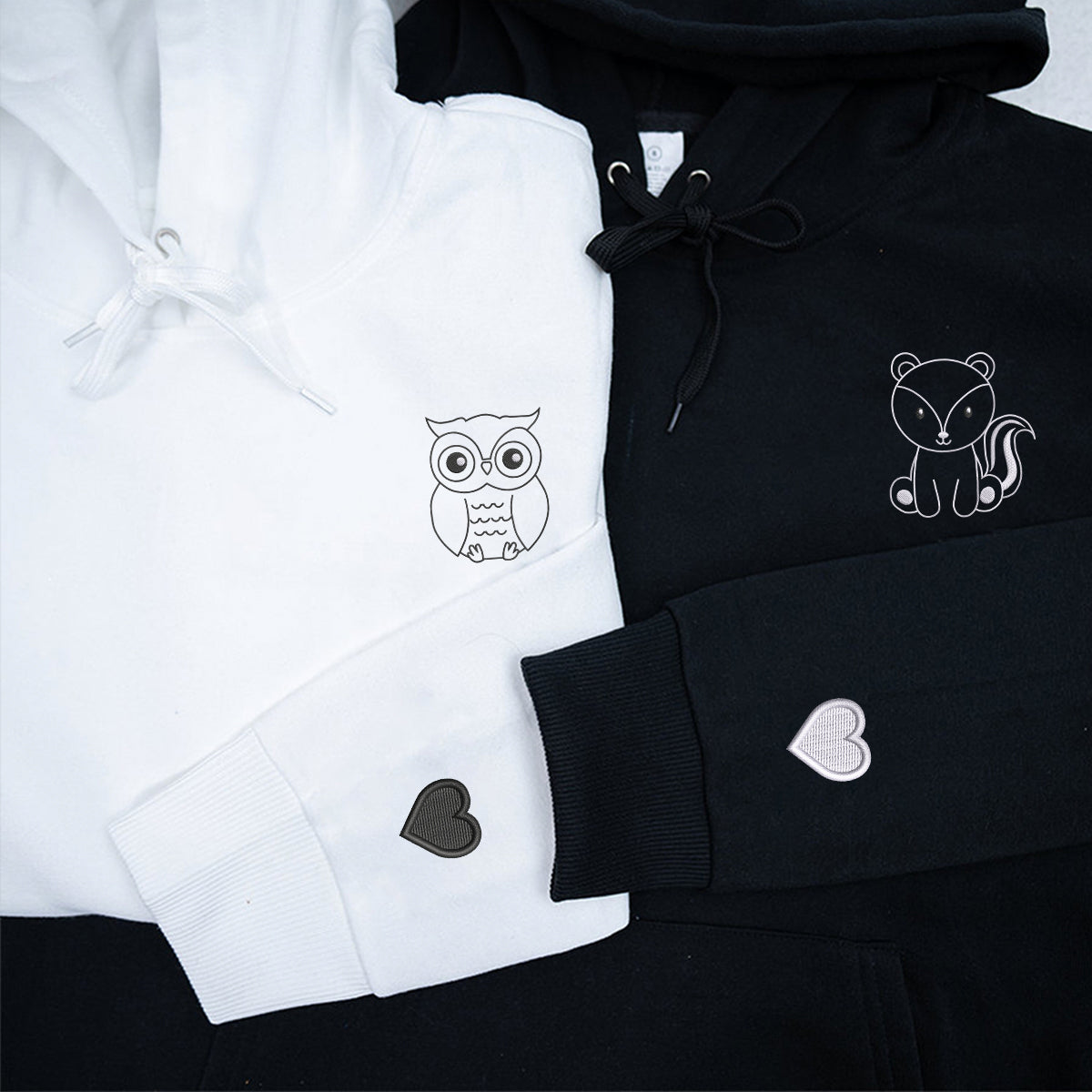 Sweats à capuche assortis brodés personnalisés hibou et écureuil pour couples