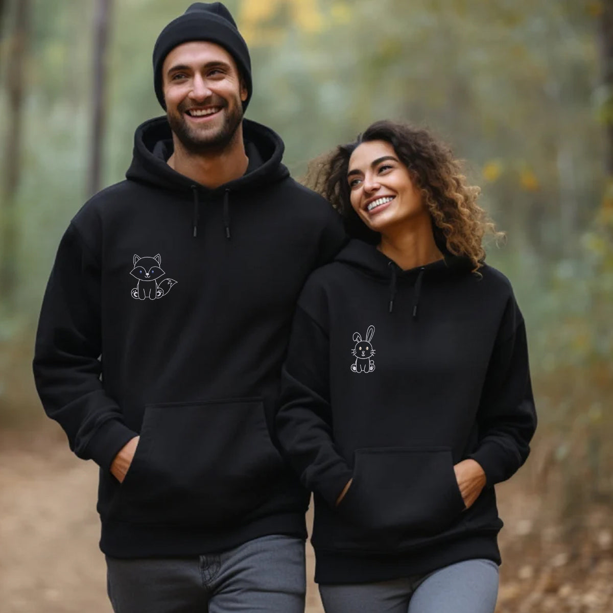 Custom Embroidered Cute Fox and Rabbit Matching Hoodies for Couples