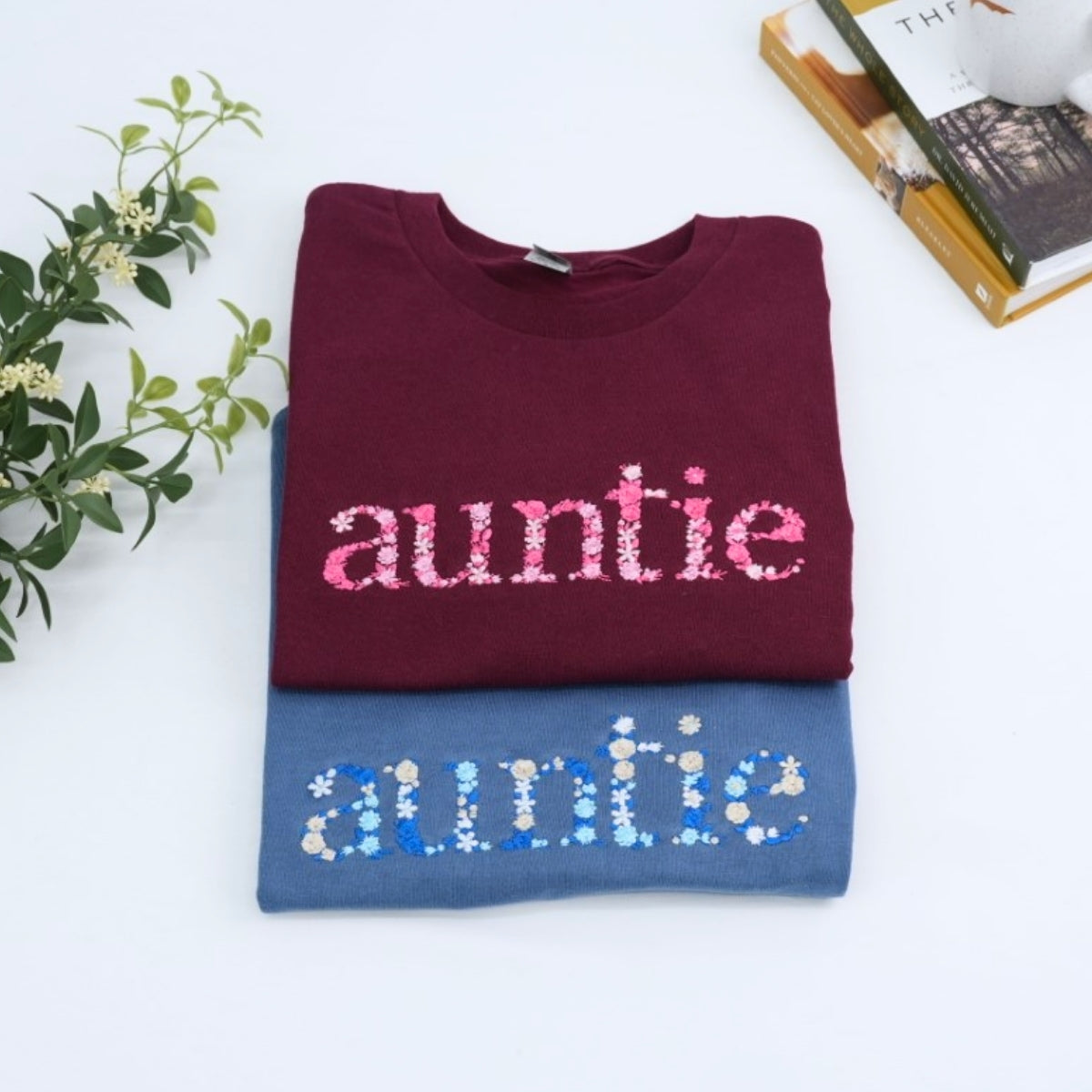 Auntie Custom T-Shirts - Aunt Floral Embroidered Tees - Perfect Family Gift