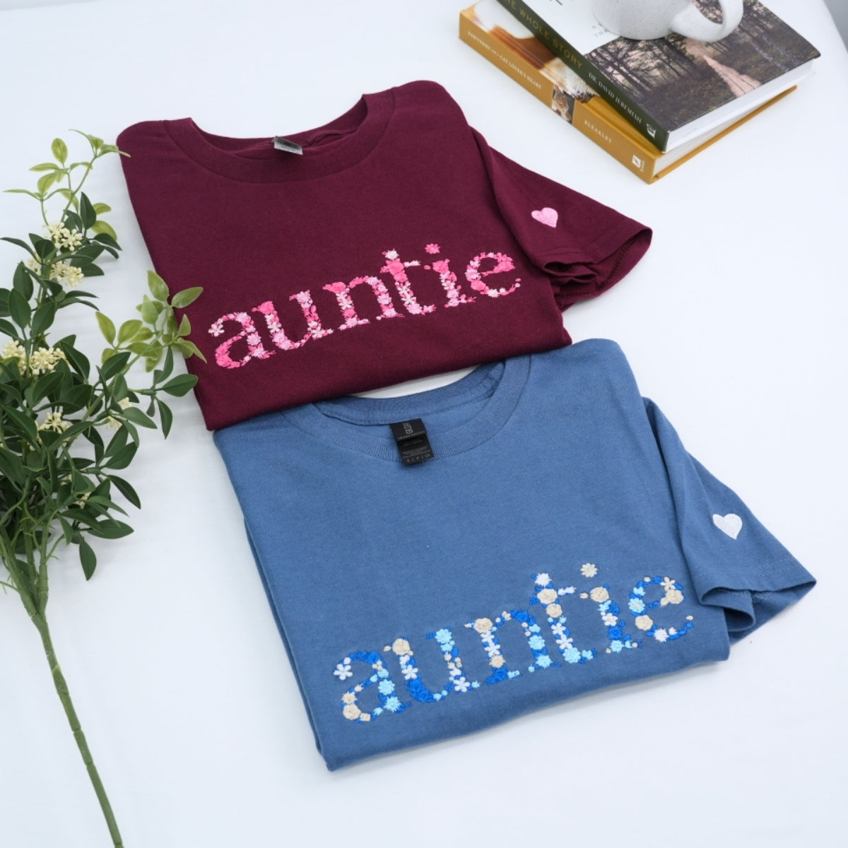 Auntie Custom T-Shirts - Aunt Floral Embroidered Tees - Perfect Family Gift