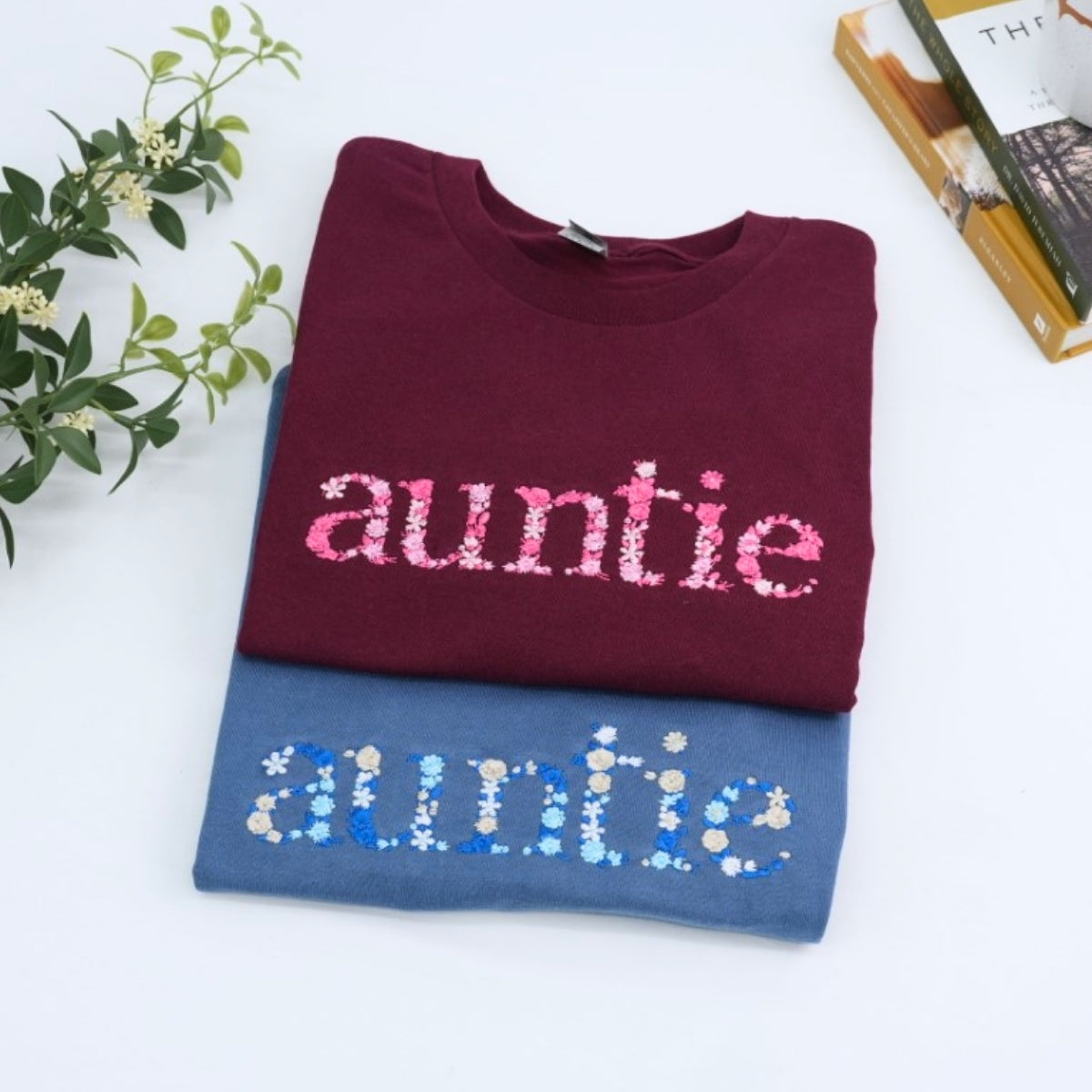 Auntie Custom T-Shirts - Aunt Floral Embroidered Tees - Perfect Family Gift
