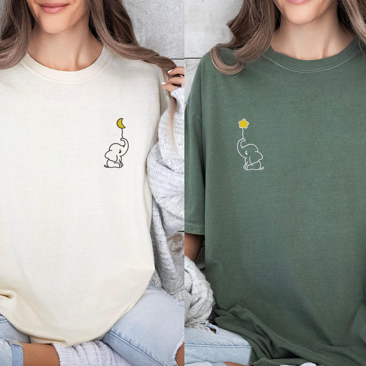 Custom Embroidered Baby Elephant Matching T-shirts for Couples