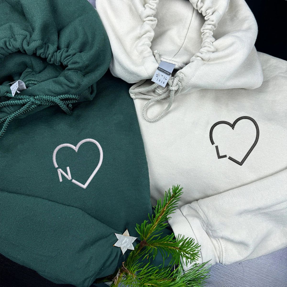 Custom Embroidered Heart Initials Matching Hoodies for Couples