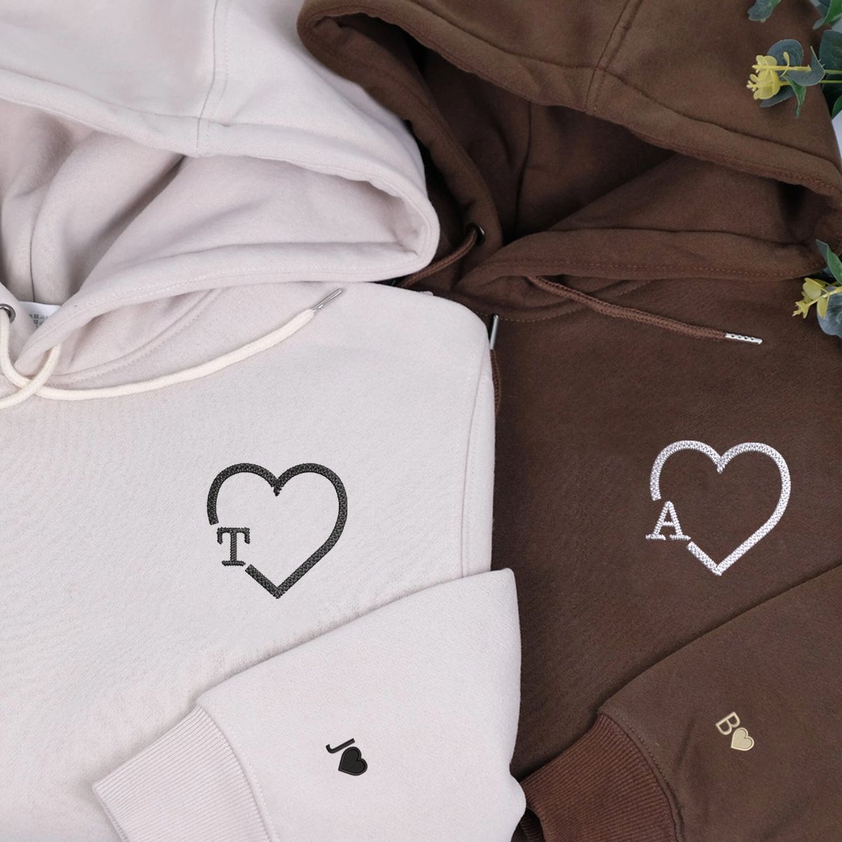 Custom Embroidered Heart Initials Matching Hoodies for Couples