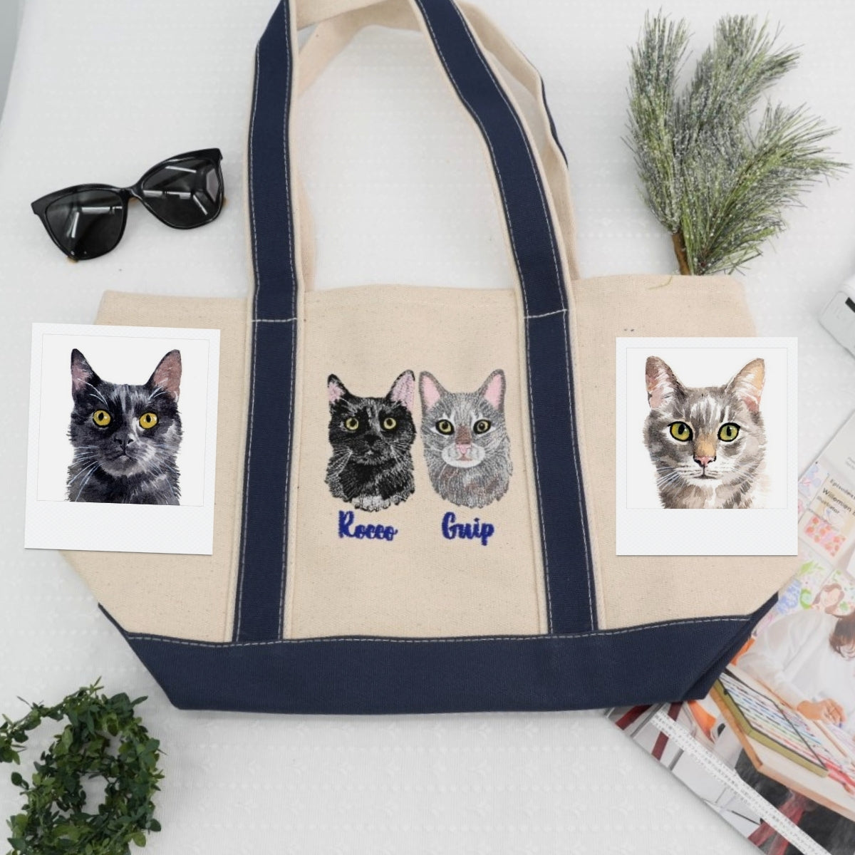 Custom Cat Portrait Tote Bags Dual Pet Face Embroidered Canvas Bag - Cat Mom Memorial Gift