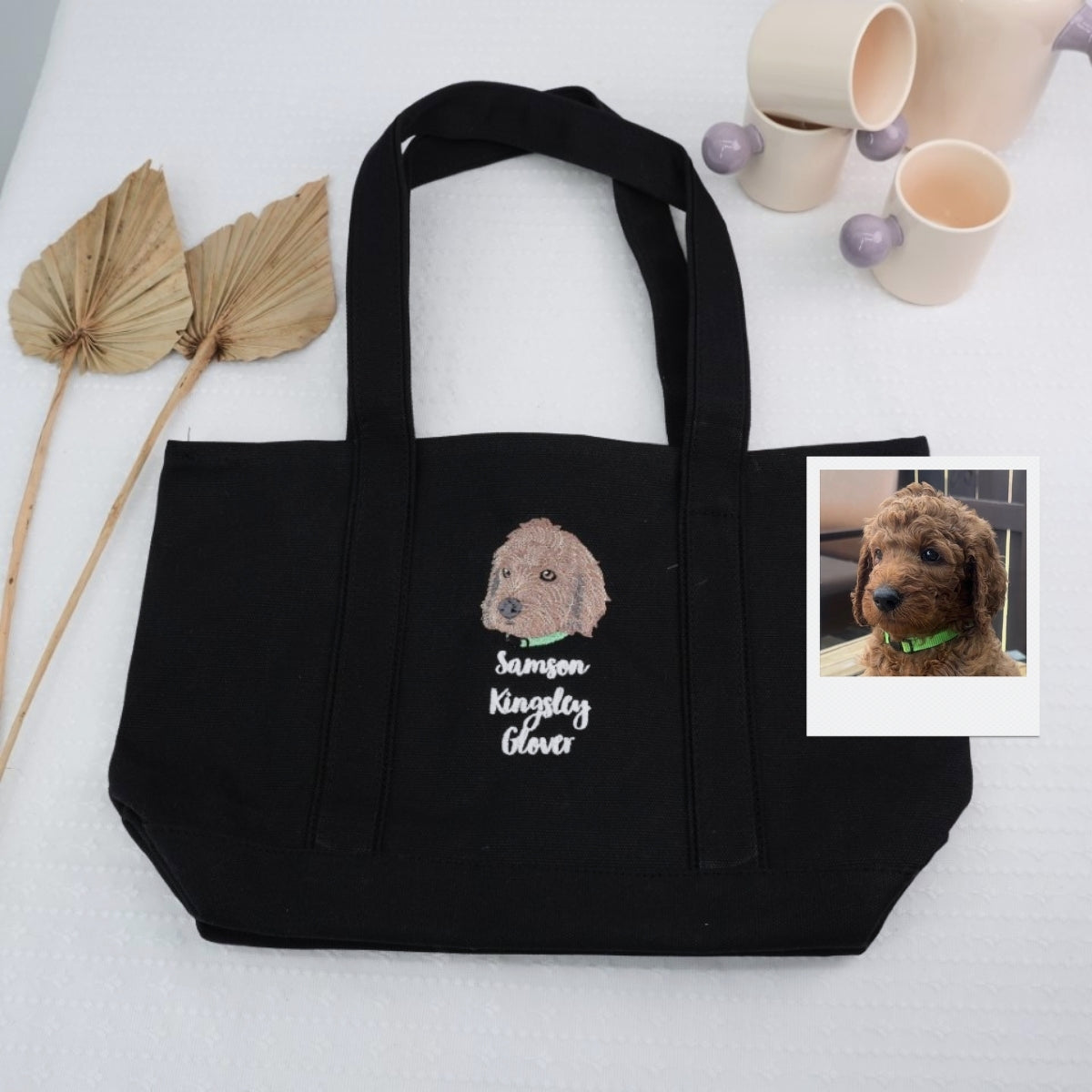 Custom Doodle Portrait Tote Bags - Dog Face Embroidered Canvas Bag - Precious Pet Memorial Gift