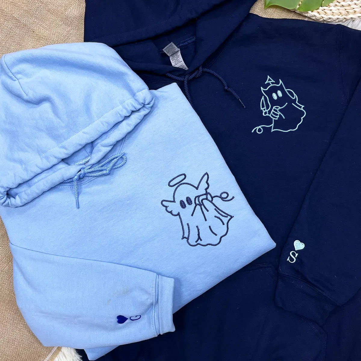 Benutzerdefinierter bestickter Engel-Teufel-Geist-Kapuzenpullover für Paare