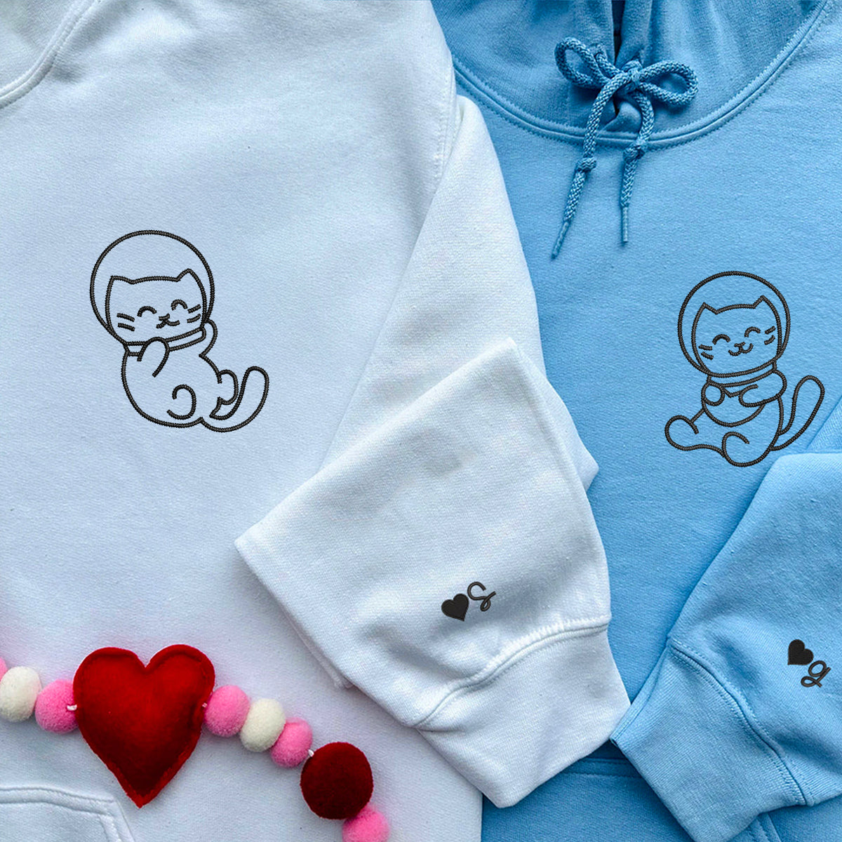 Custom Embroidered Astronaut Kitties Matching Hoodies for Couples