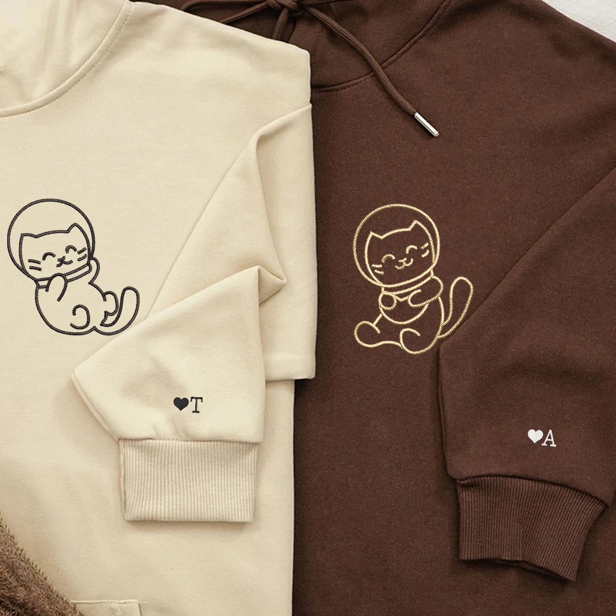 Custom Embroidered Astronaut Kitties Matching Hoodies for Couples