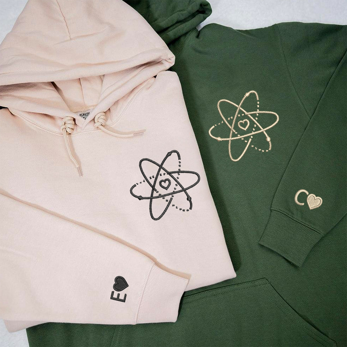 Custom Embroidered Atom Love Matching Hoodies for Couples