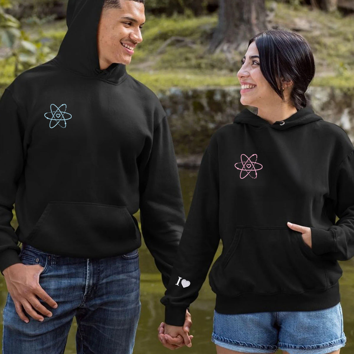 Custom Embroidered Atom Love Matching Hoodies for Couples