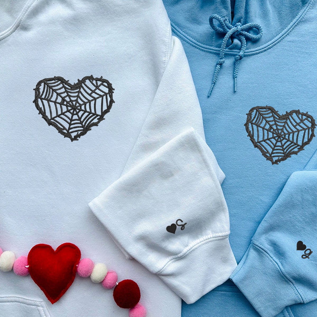 Custom Embroidered Barbed Wire Heart Matching Hoodies for Couples