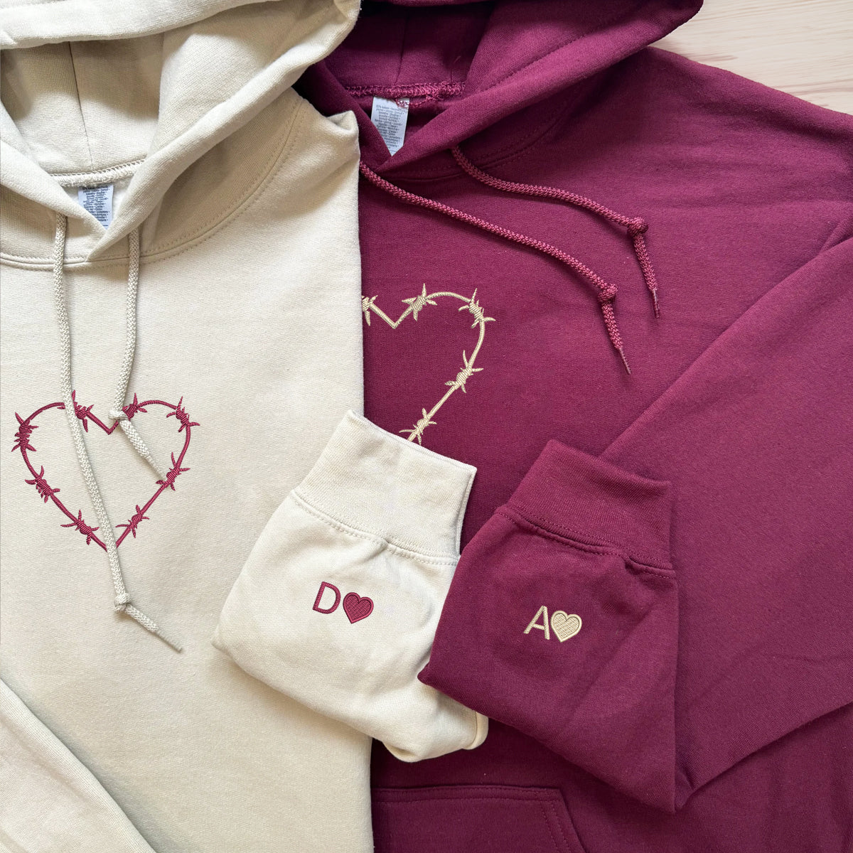 Custom Embroidered Barbwire Heart Matching Hoodies for Couples