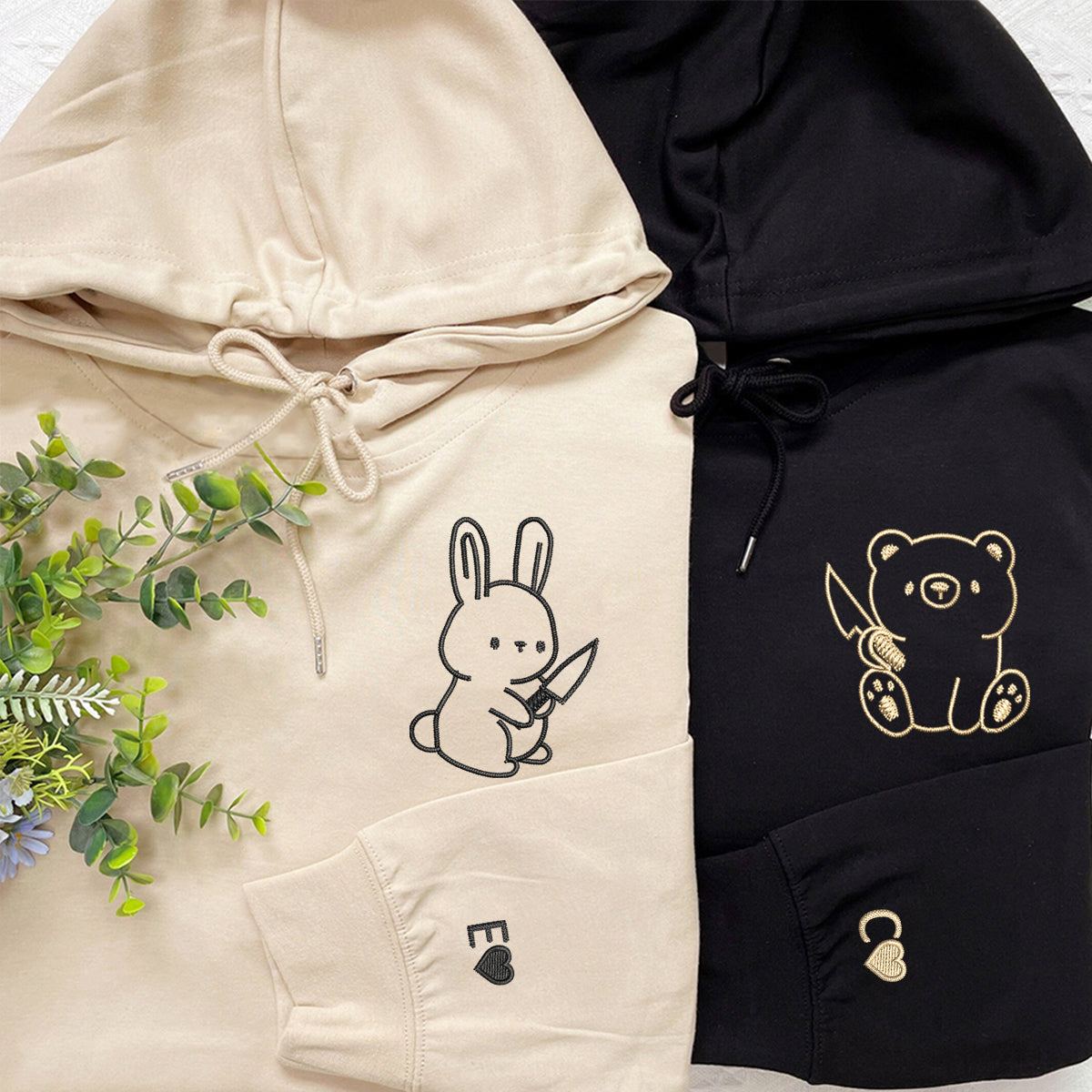 Custom Embroidered Bear and Rabbit Matching Hoodies for Couples