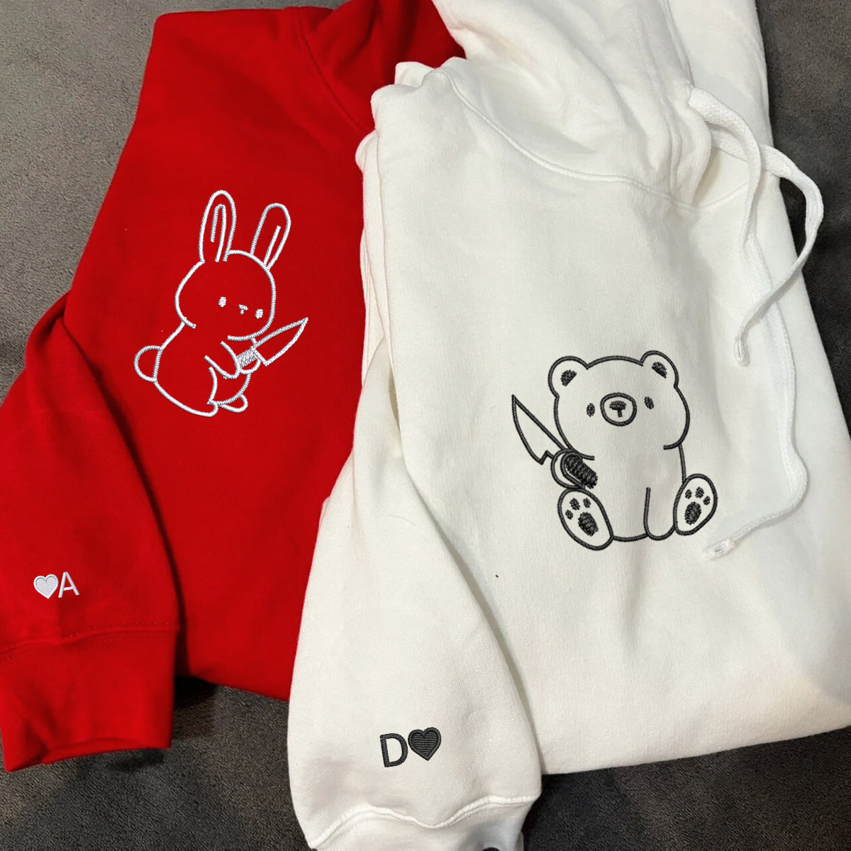 Custom Embroidered Bear and Rabbit Matching Hoodies for Couples