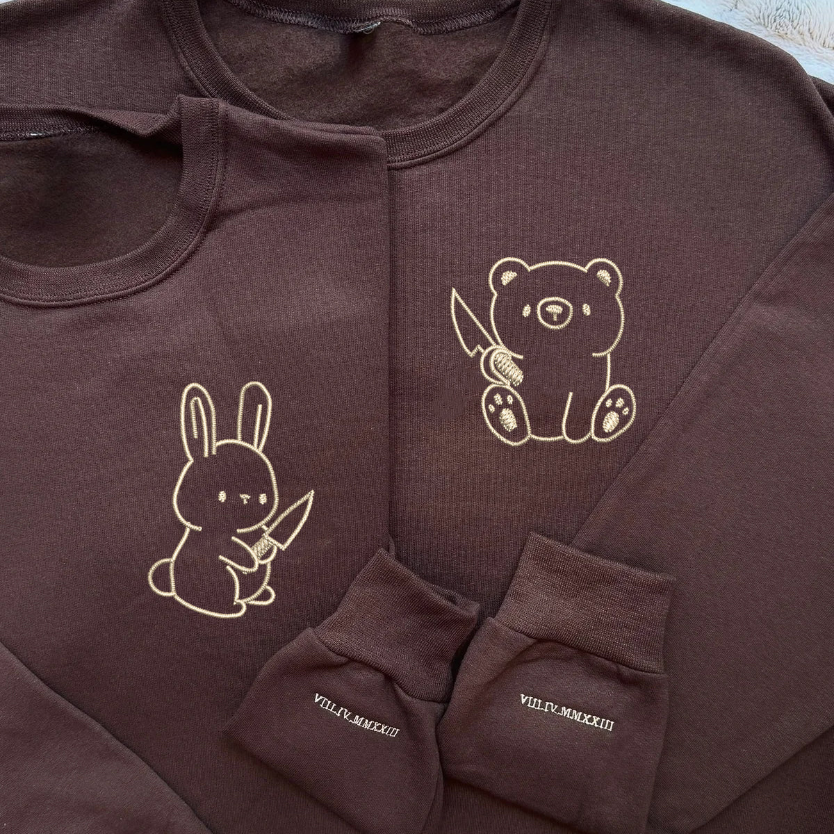 Custom Embroidered Bear and Rabbit Matching Hoodies for Couples