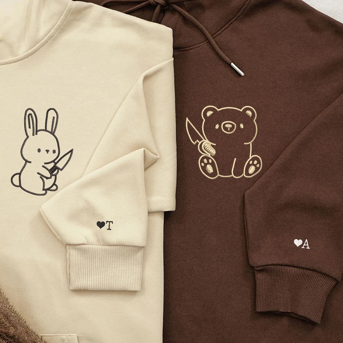 Custom Embroidered Bear and Rabbit Matching Hoodies for Couples