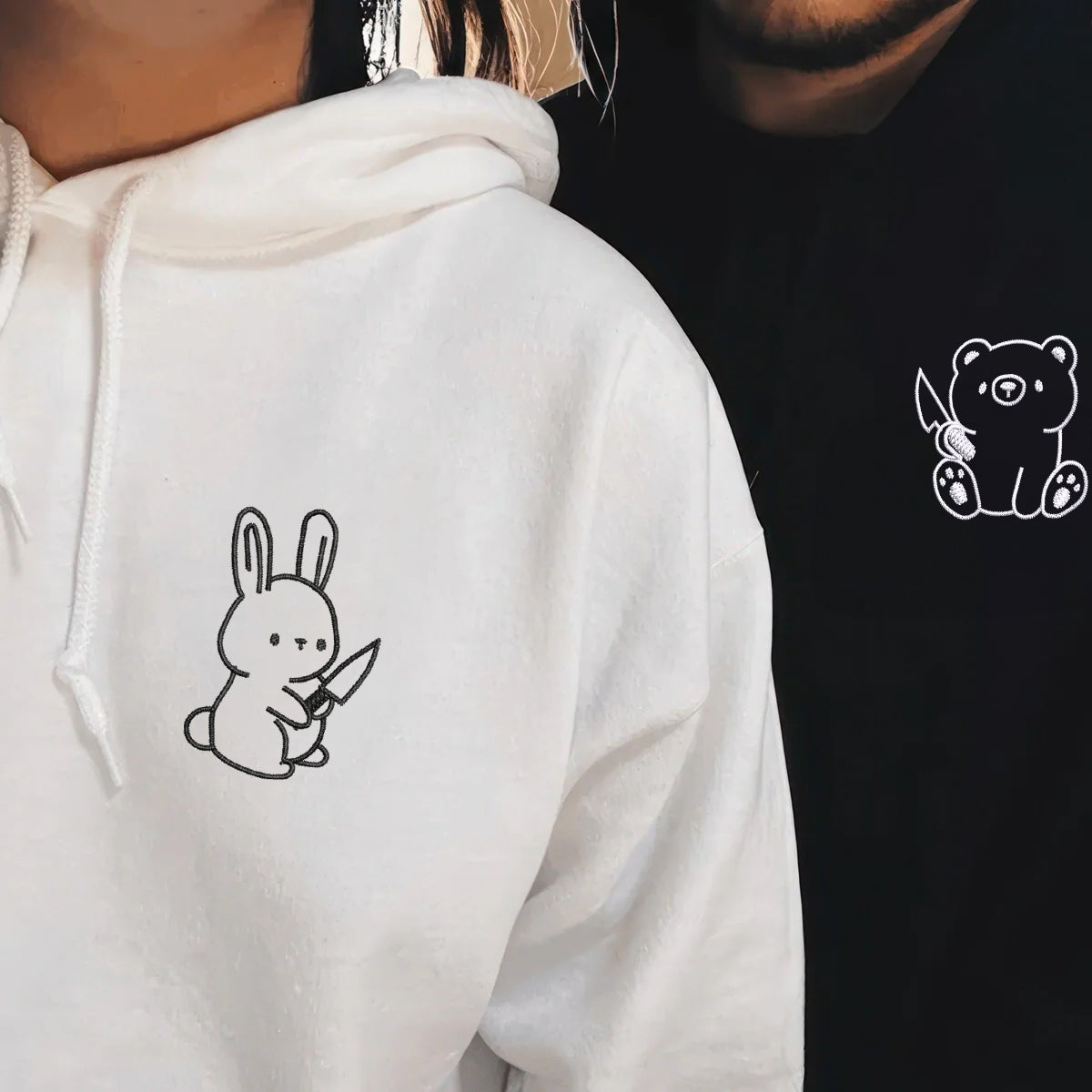 Custom Embroidered Bear and Rabbit Matching Hoodies for Couples