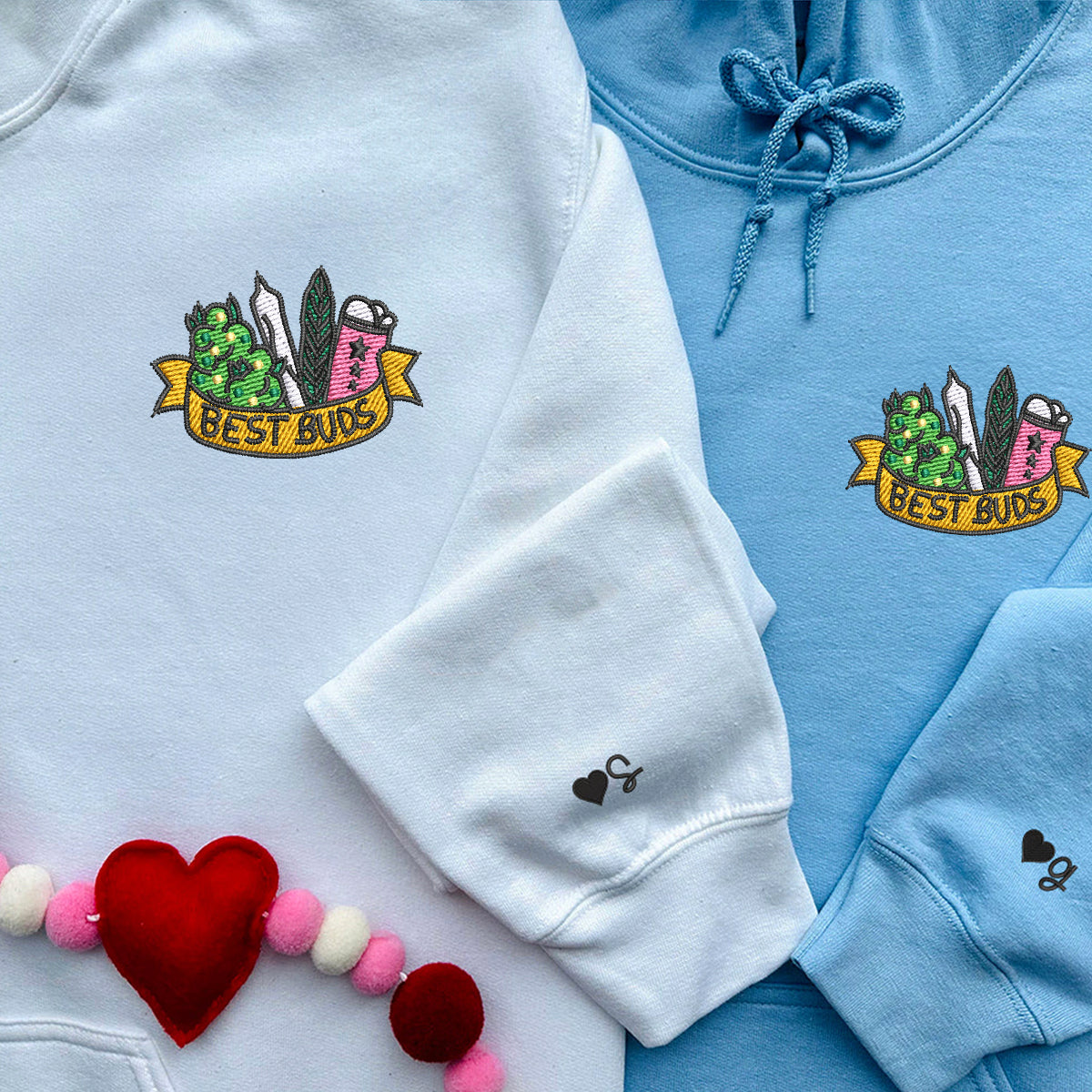 Custom Embroidered Best Buds Matching Hoodies for Couples