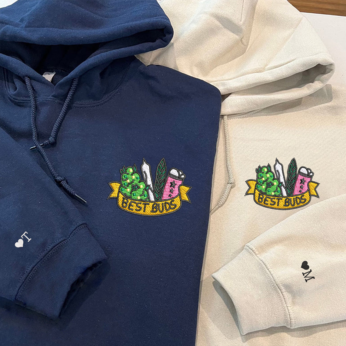 Custom Embroidered Best Buds Matching Hoodies for Couples