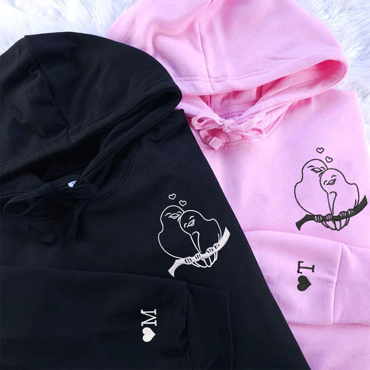 Custom Embroidered Birds in Love Matching Hoodies for Couples