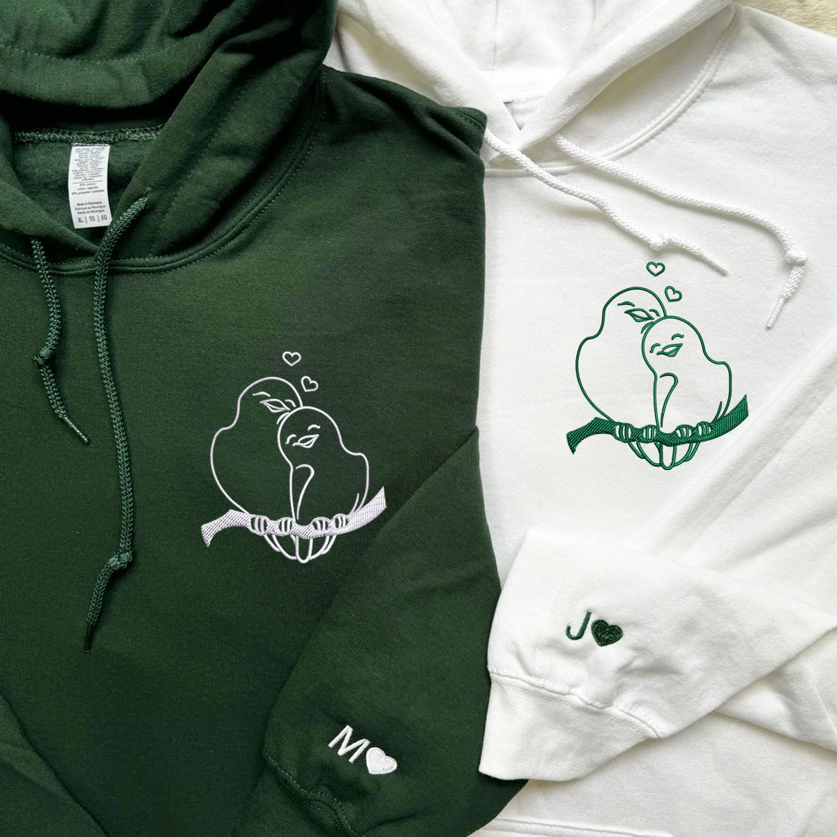 Custom Embroidered Birds in Love Matching Hoodies for Couples