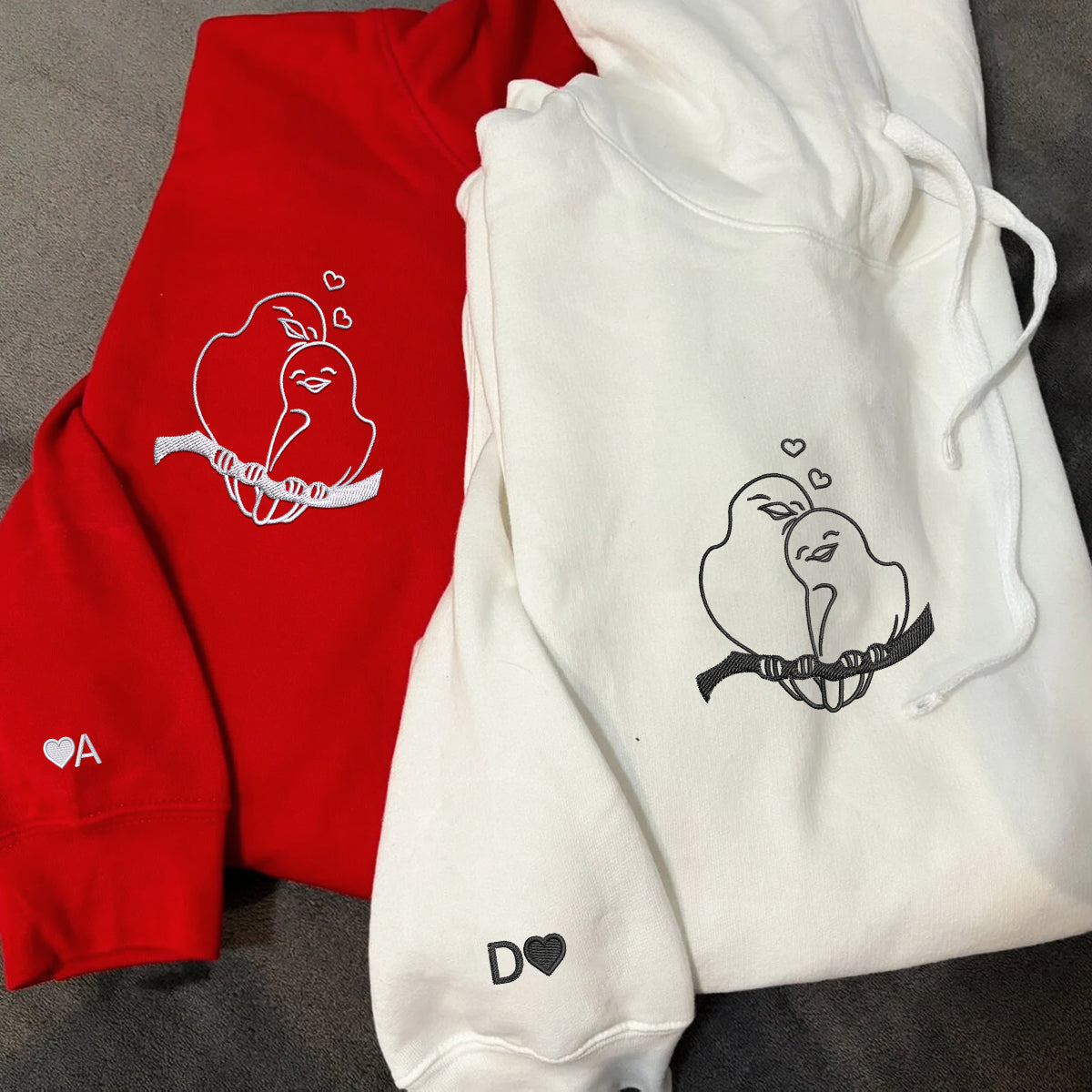 Custom Embroidered Birds in Love Matching Hoodies for Couples