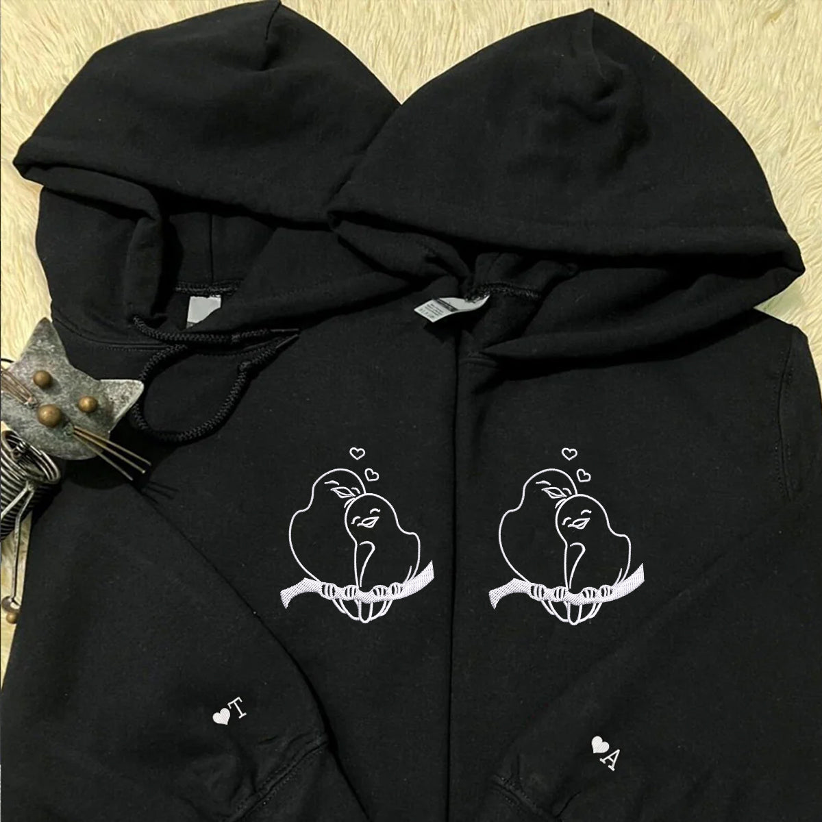 Custom Embroidered Birds in Love Matching Hoodies for Couples