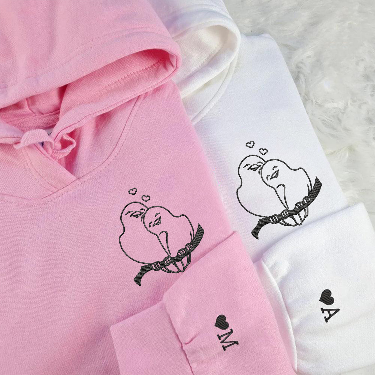Custom Embroidered Birds in Love Matching Hoodies for Couples