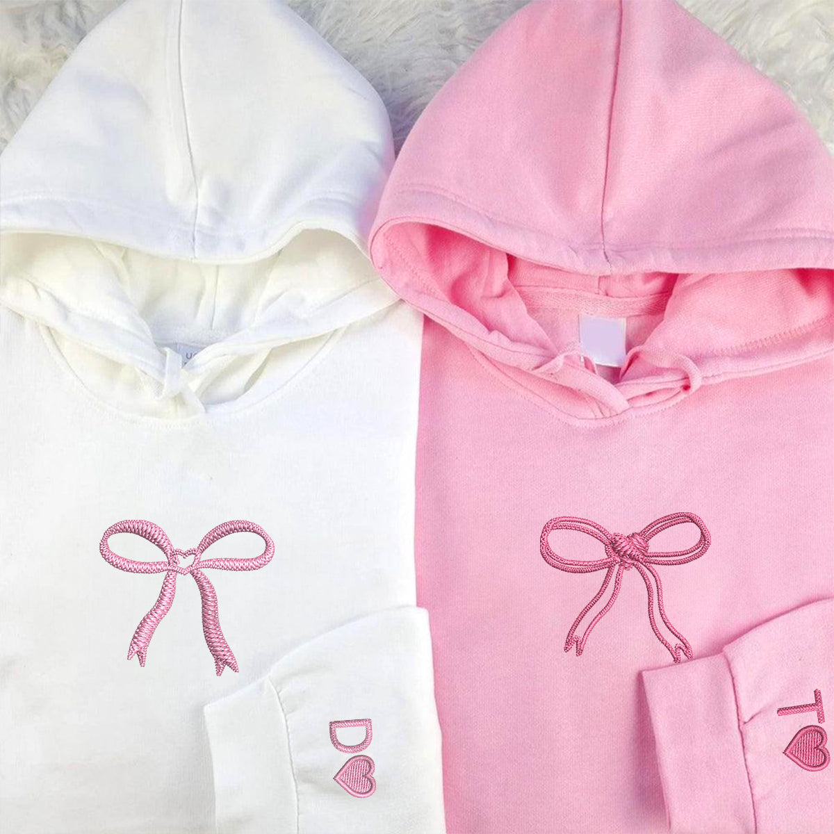 Custom Embroidered Bow Ribbon Heart Matching Hoodies for Couples