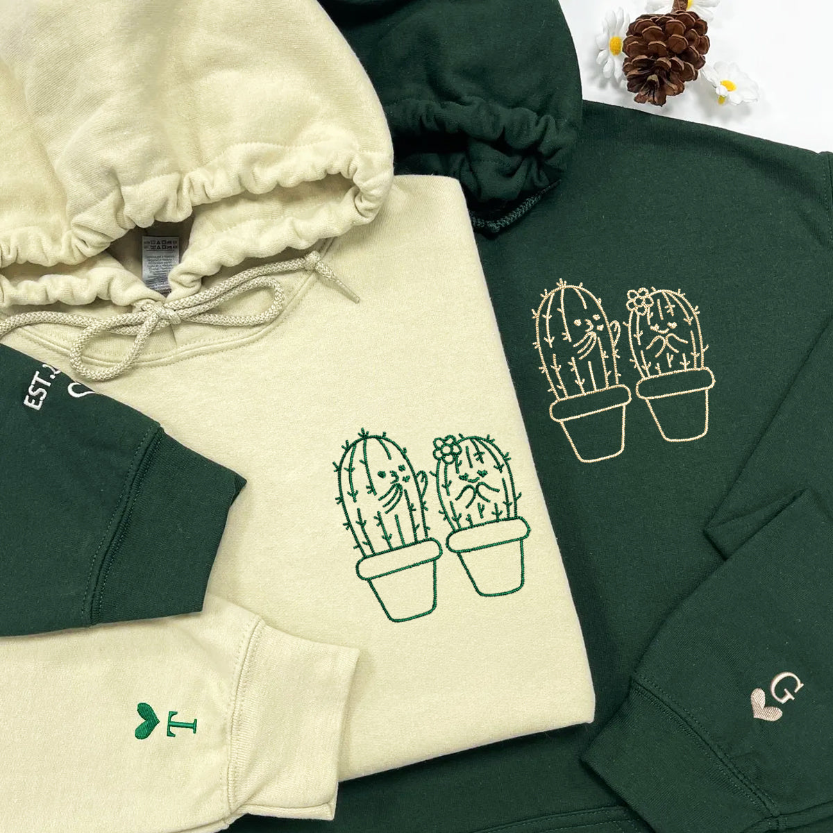 Custom Embroidered Cactus Matching Hoodies for Couples