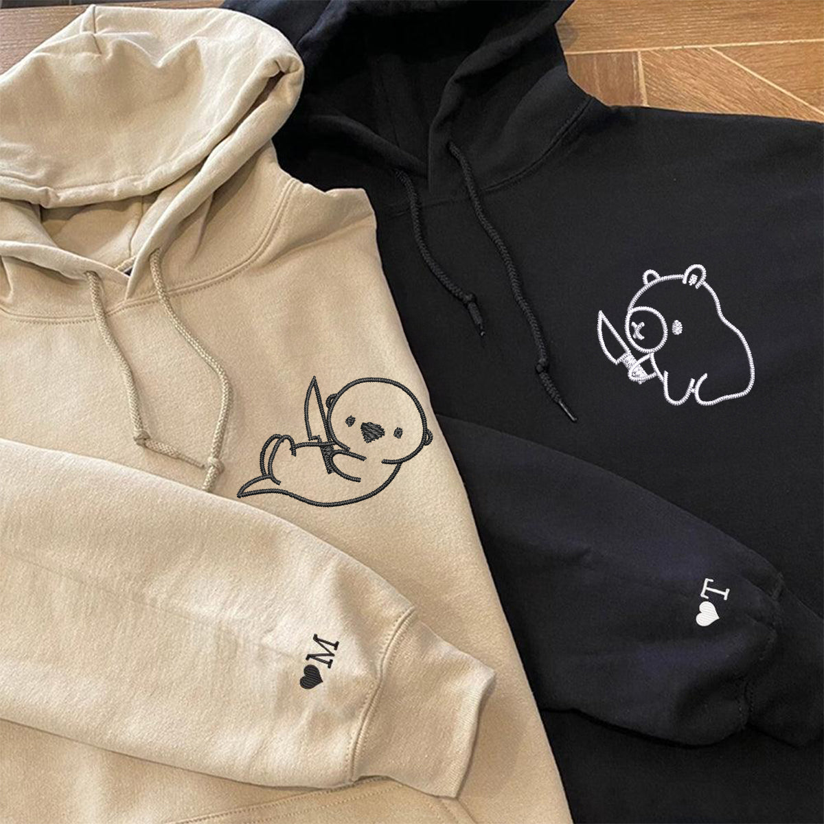 Individuell bestickte Capybara- und Otter-Kapuzenpullover für Paare