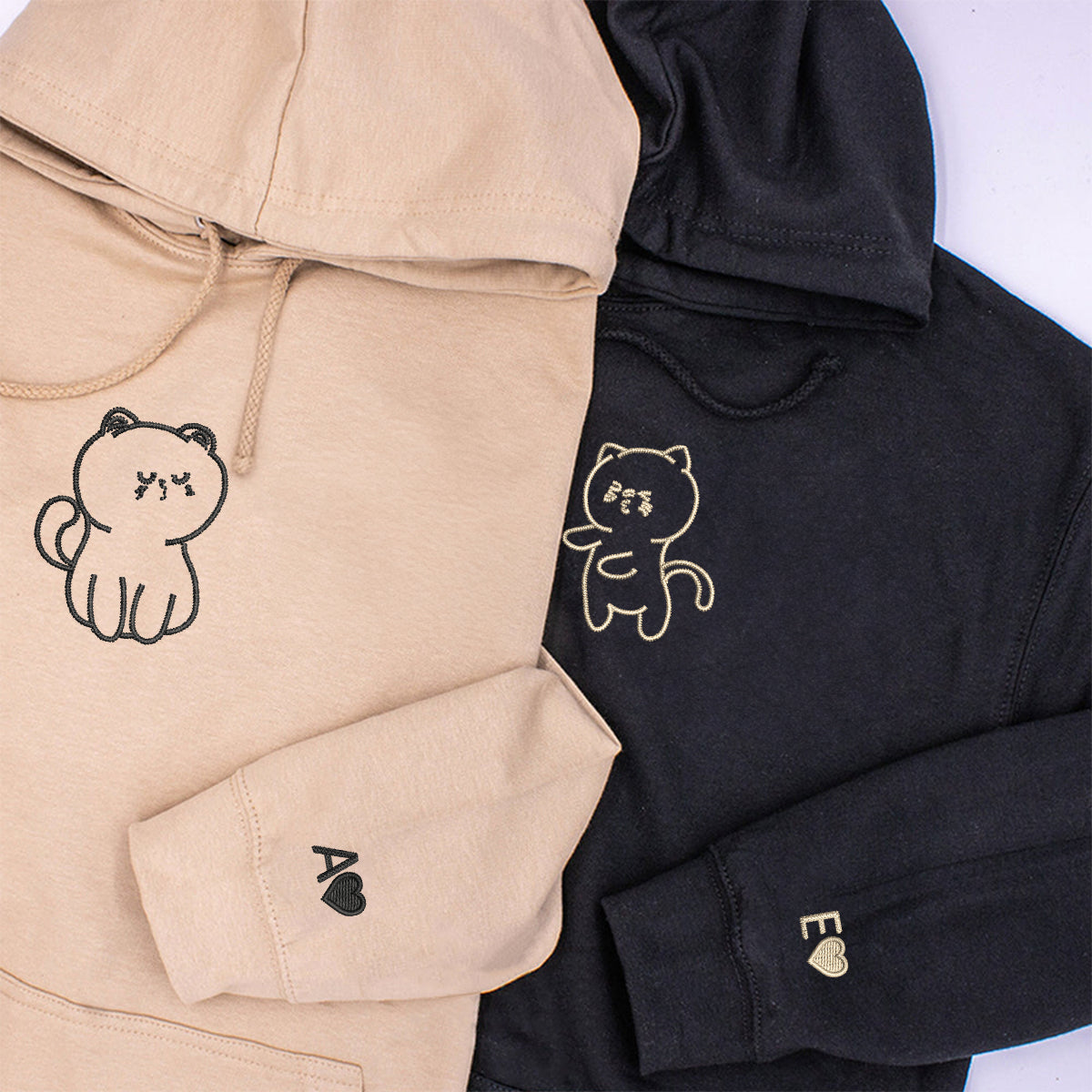 Sweats à capuche assortis brodés personnalisés avec des bisous de chat pour couples