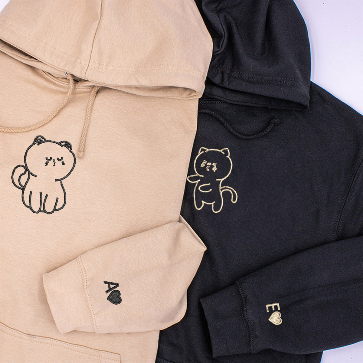 Custom Embroidered Cat Kisses Matching Hoodies for Couples