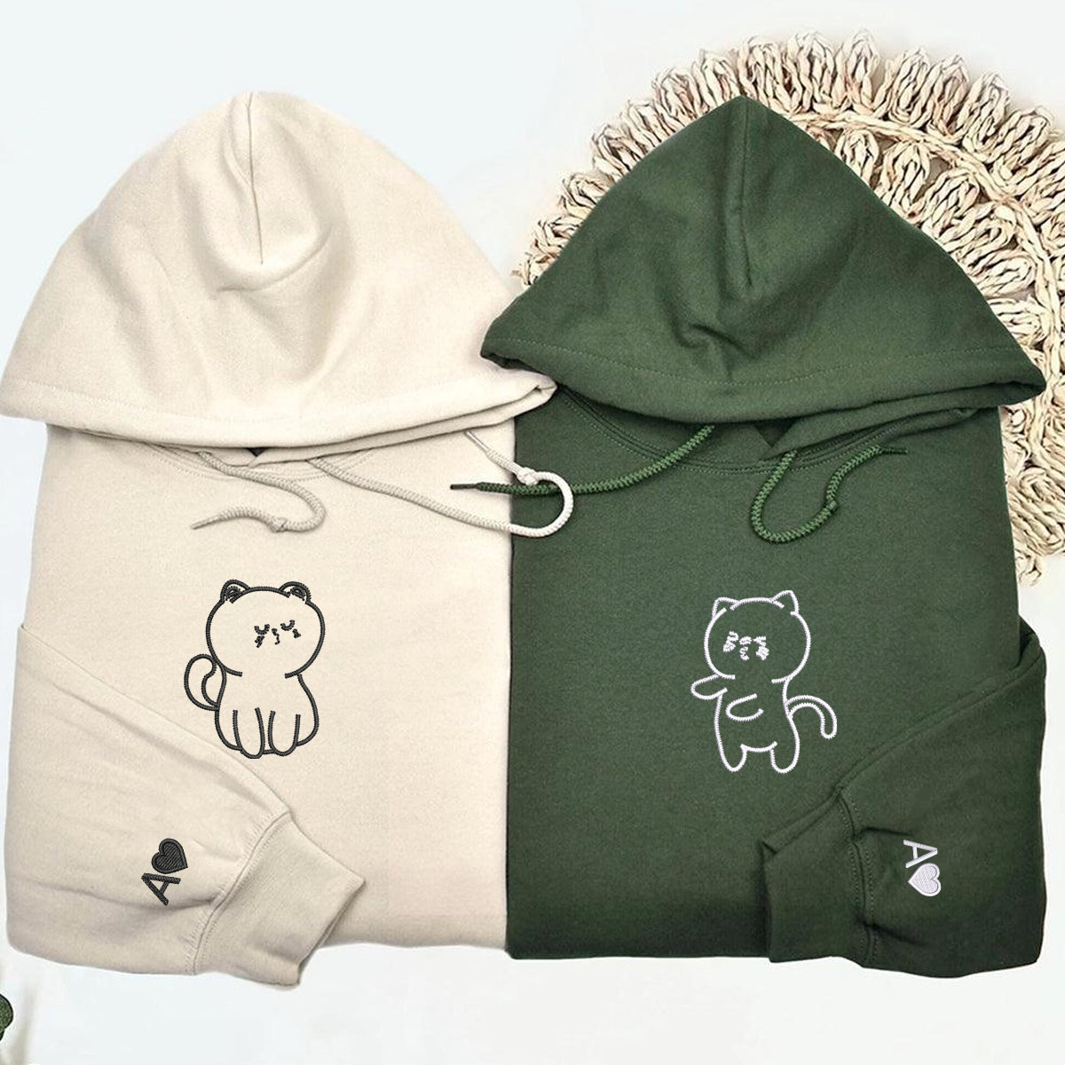 Sweats à capuche assortis brodés personnalisés avec des bisous de chat pour couples