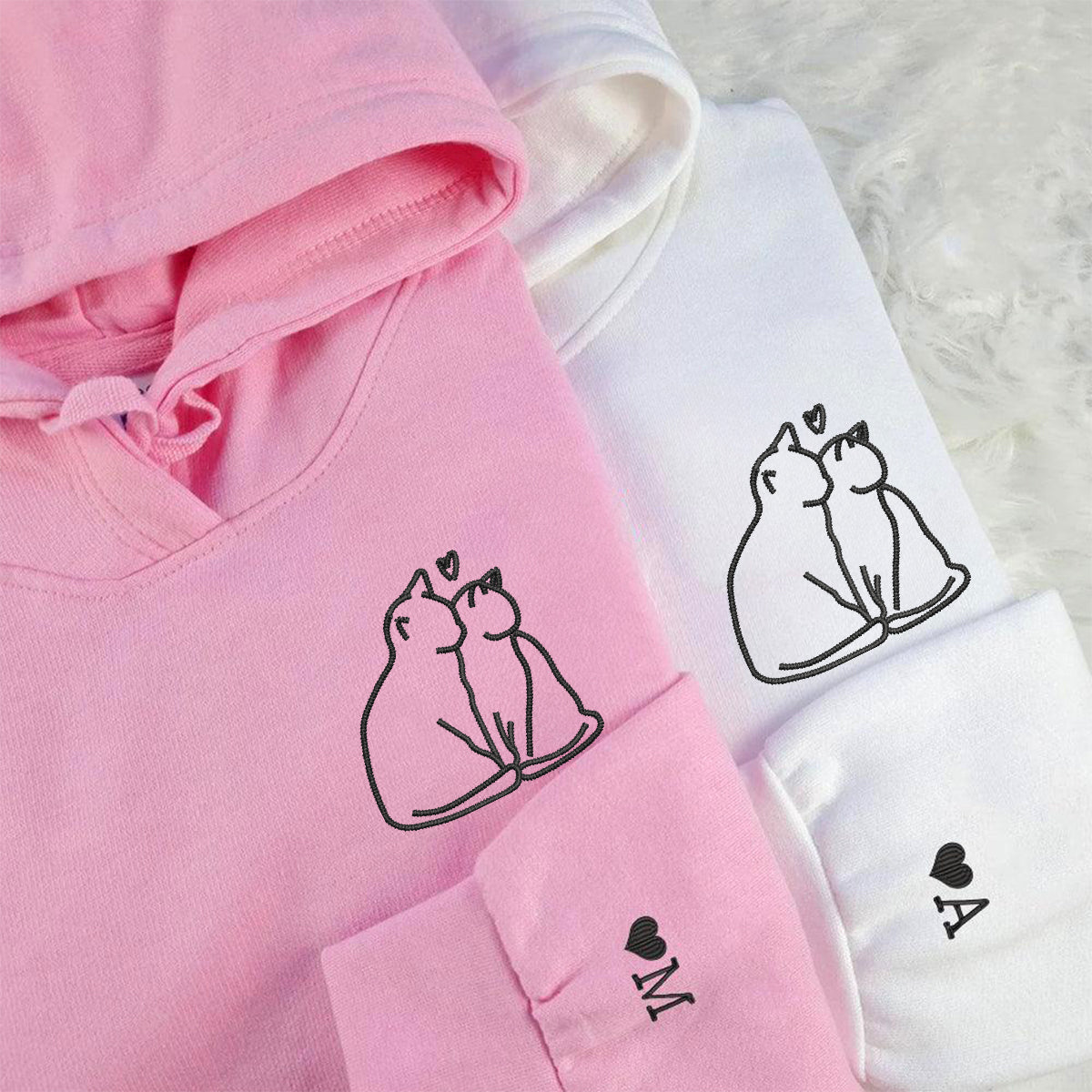 Custom Embroidered Cat Love Matching Hoodies for Couples