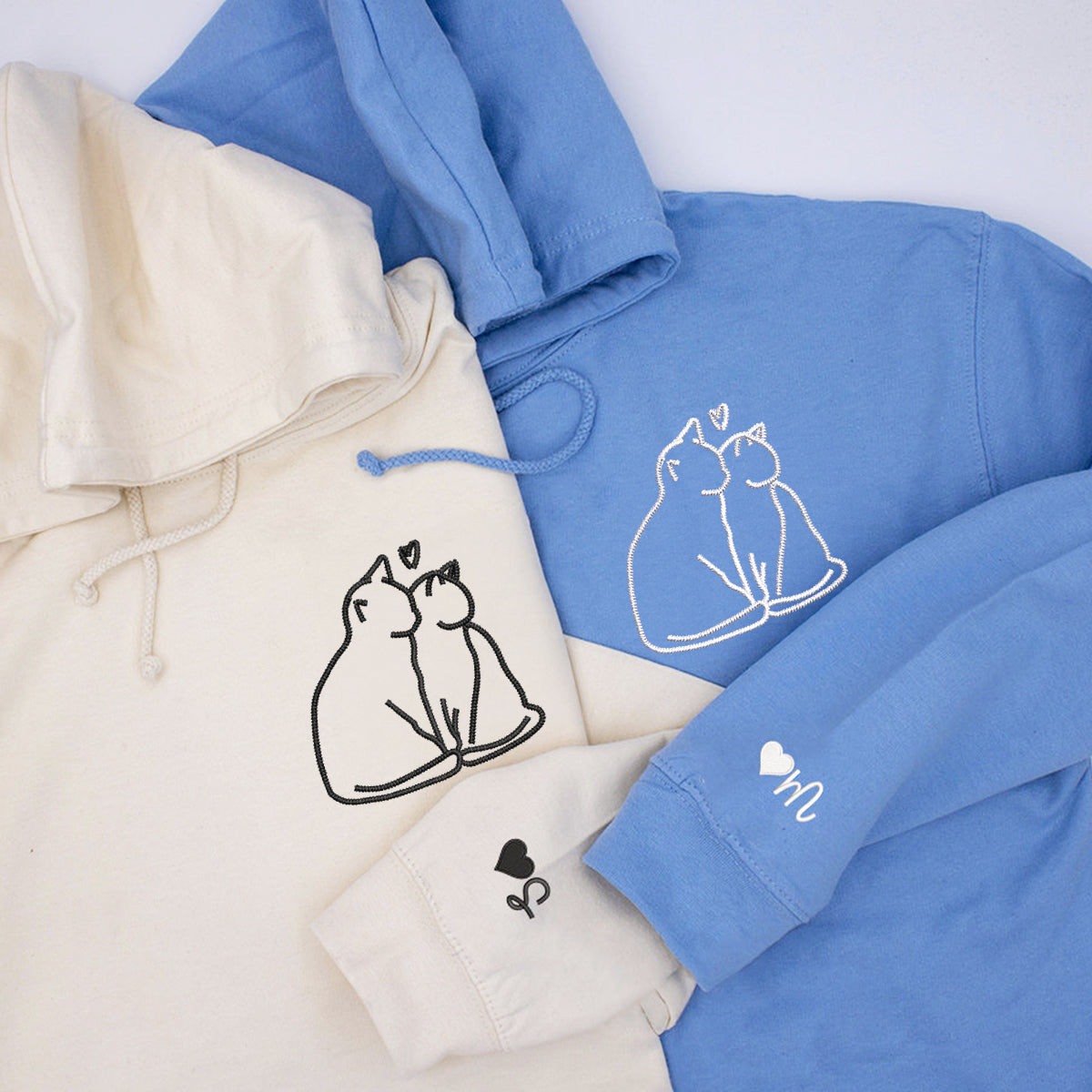 Custom Embroidered Cat Love Matching Hoodies for Couples