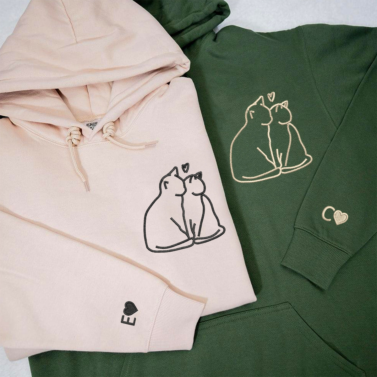 Custom Embroidered Cat Love Matching Hoodies for Couples