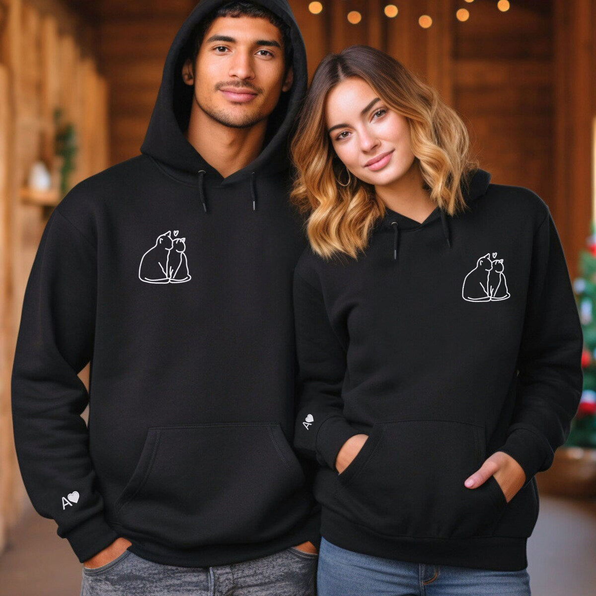 Custom Embroidered Cat Love Matching Hoodies for Couples