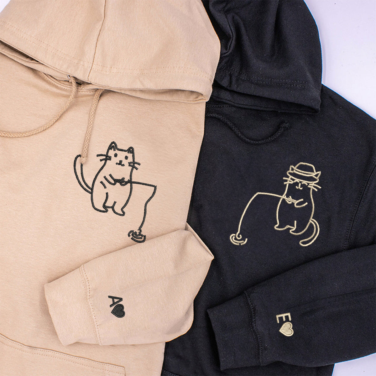 Custom Embroidered Cats Fishing Matching Hoodies for Couples