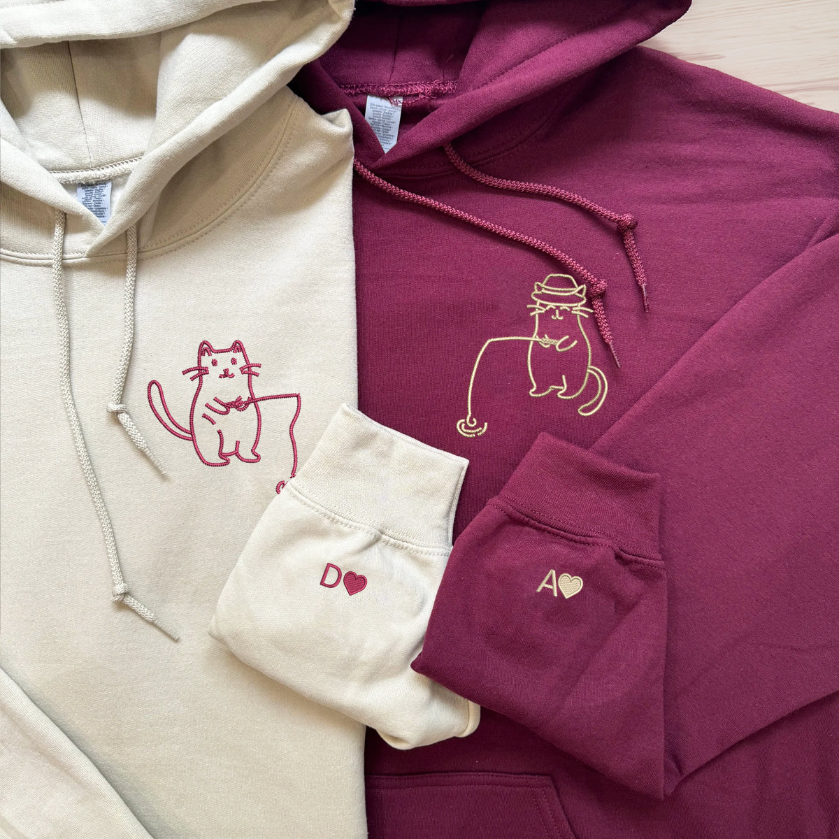 Custom Embroidered Cats Fishing Matching Hoodies for Couples