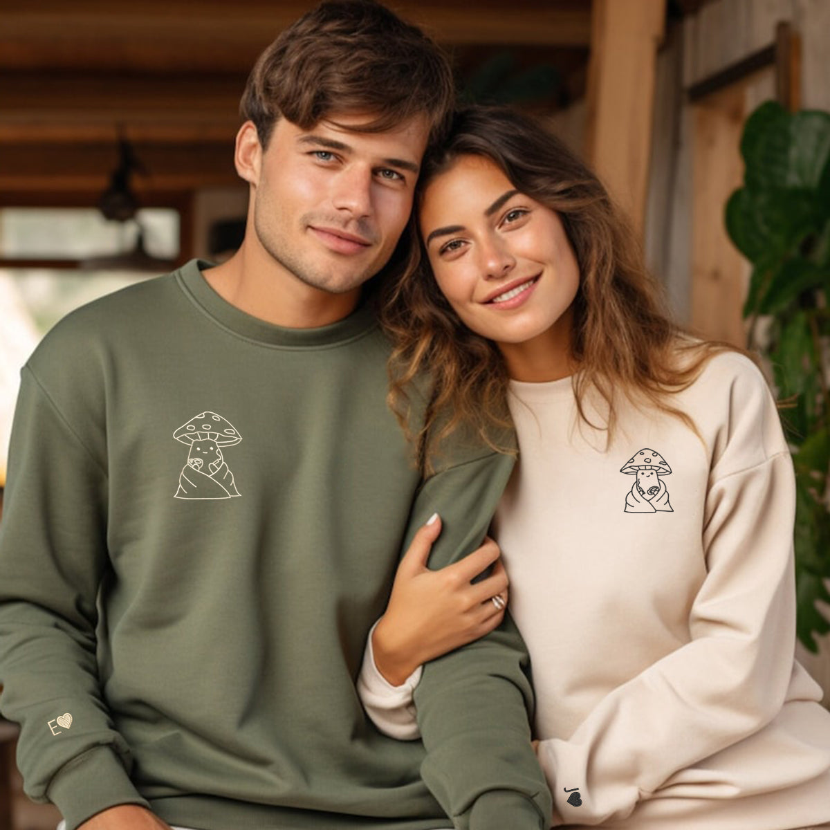 Benutzerdefinierte bestickte Kaffee trinken Pilz passende Hoodies für Paare