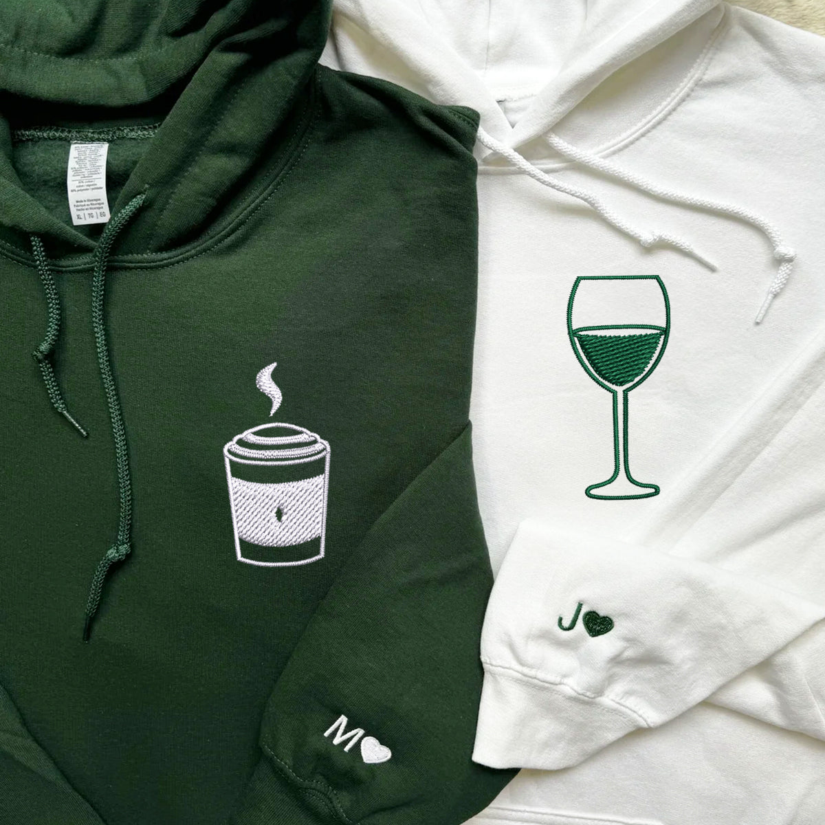 Custom Embroidered Coffee and Wine Matching Hoodies for Couples