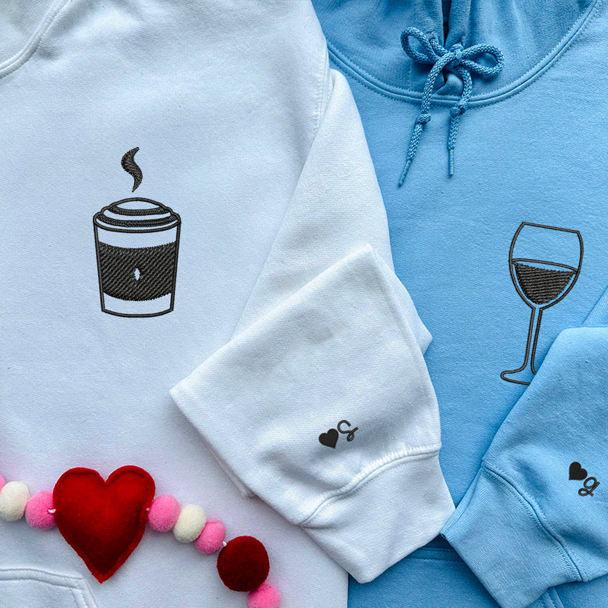 Custom Embroidered Coffee and Wine Matching Hoodies for Couples