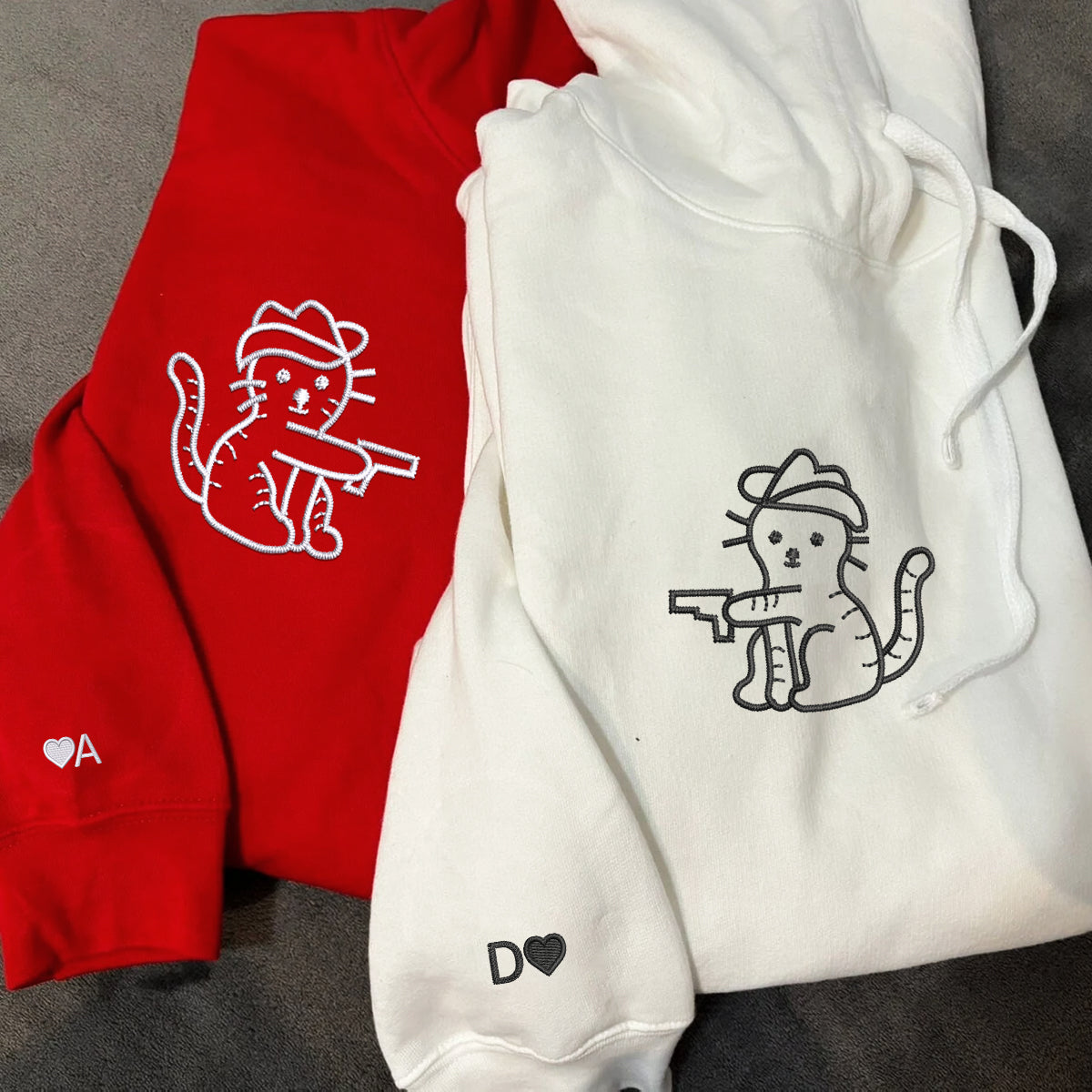 Benutzerdefinierte bestickte Cowboy Cat Guns passende Hoodies für Paare