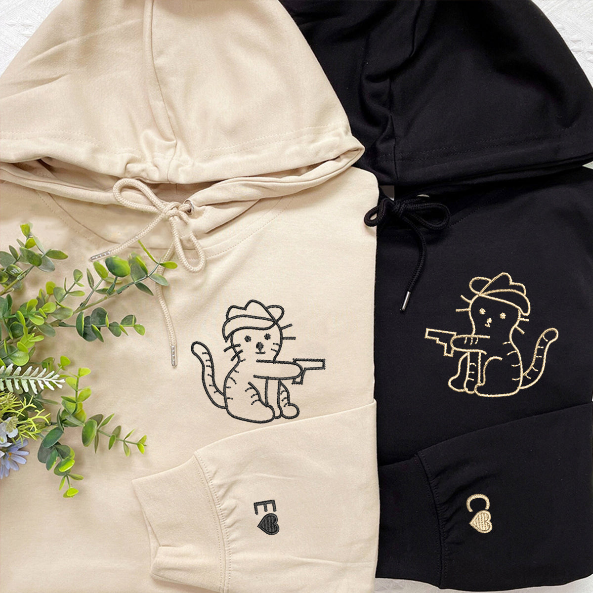 Custom Embroidered Cowboy Cat Guns Matching Hoodies for Couples