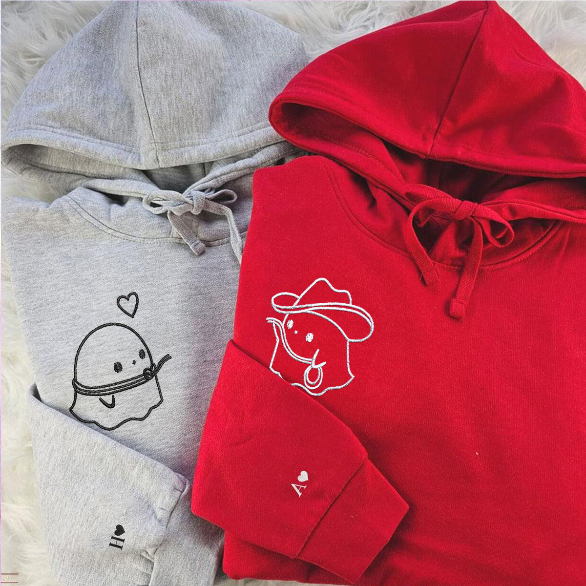 Benutzerdefinierte bestickte Cowboy Ghost Love passende Hoodies für Paare