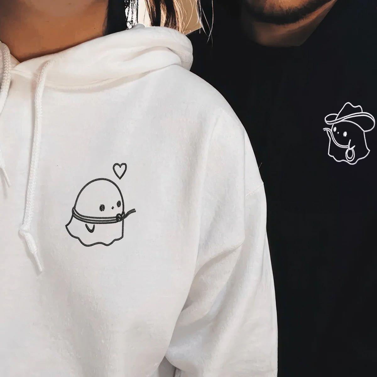 Benutzerdefinierte bestickte Cowboy Ghost Love passende Hoodies für Paare