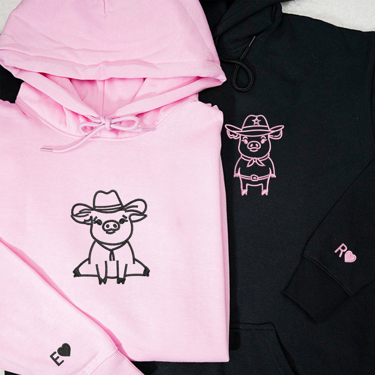 Custom Embroidered Cowboy Pigs Matching Hoodies for Couples