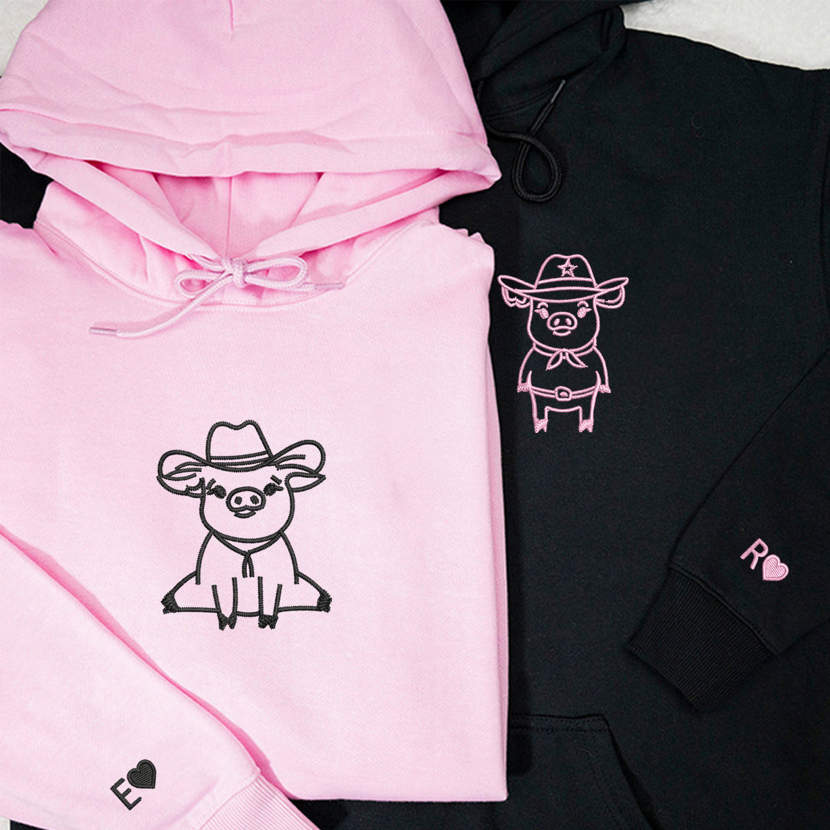 Sweats à capuche assortis personnalisés avec cochons cowboy brodés pour couples